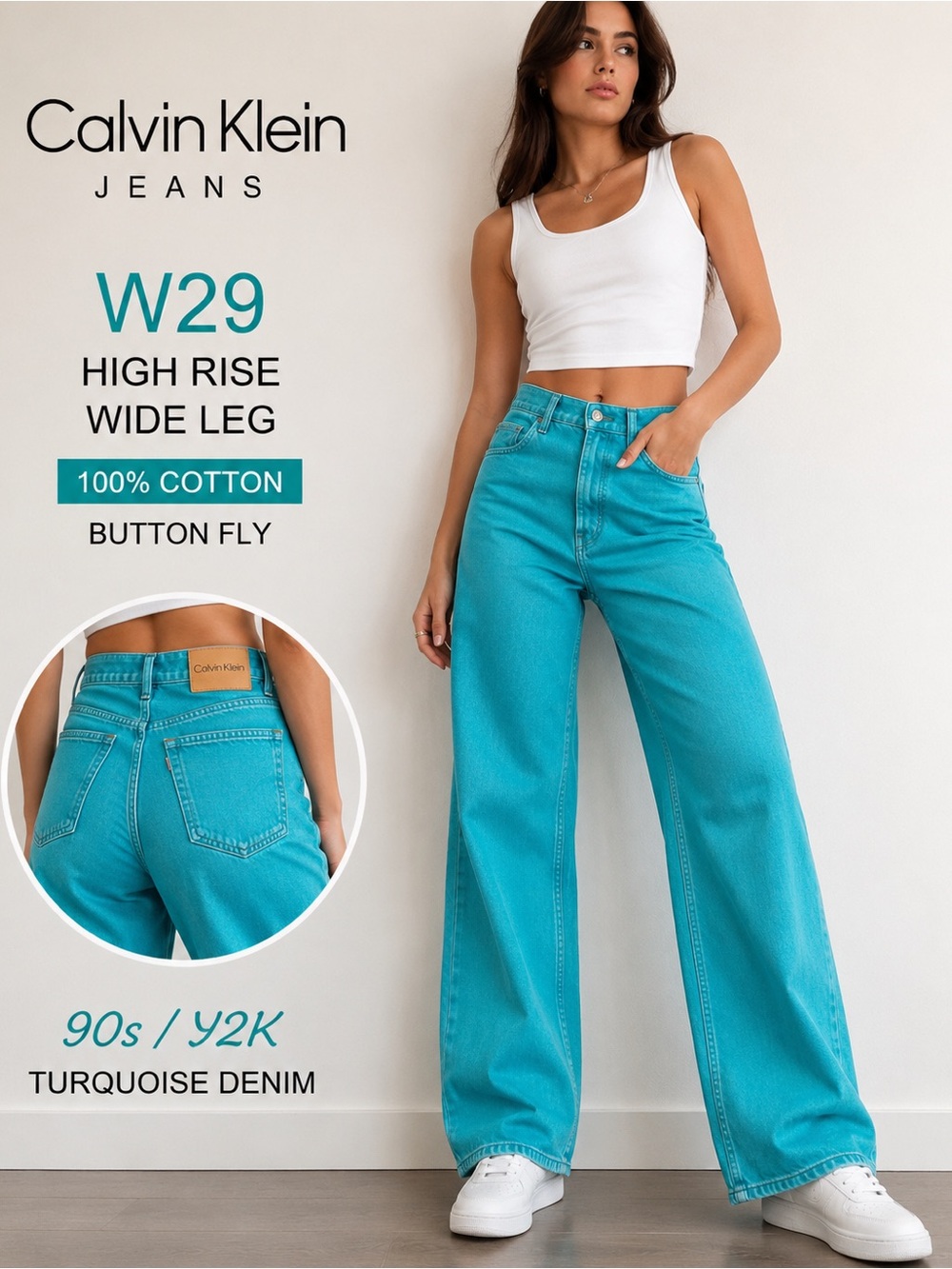 Calvin Klein Jeans W29 Turquoise High Rise Wide Leg 90s Y2K Denim 100% Cotton